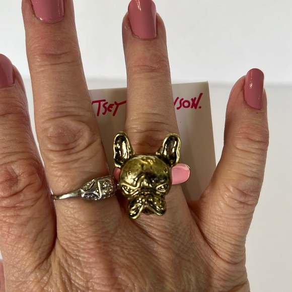 Betsey Johnson Frenchie Dog Enamel Ring Adjustable Fit Pink Gold NWT - Picture 5 of 5